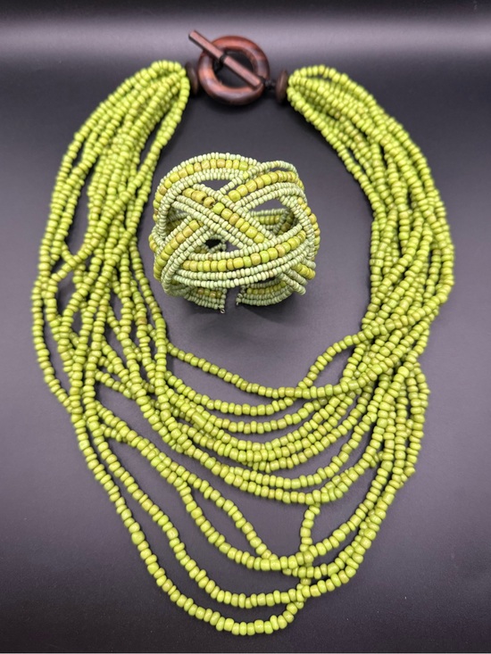 Jewelry - Bold Lime Green Beaded Multi-Strand Necklace with Matching Cuff Bracelet Set